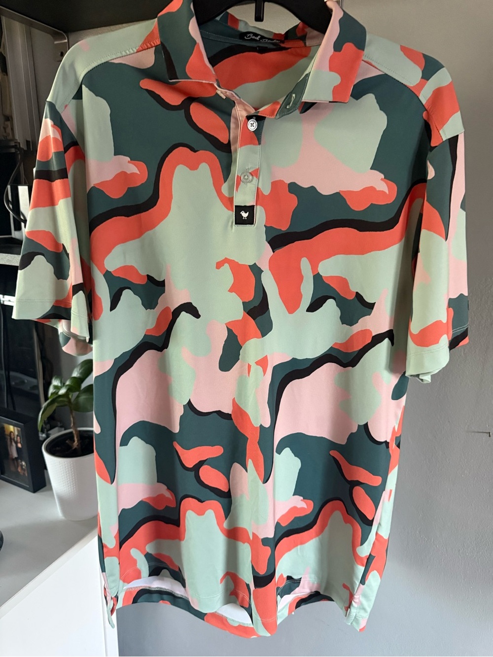 Bad Birdie Men's Polo in Coral, Mint & Dark Green Camo Print